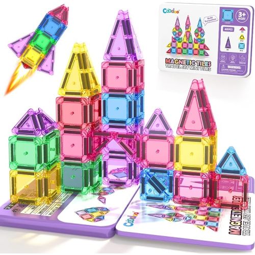 Magnetic Tiles Mini Travel Toys Set for Kids, Magnetic Blocks Building Toy Preschool Classroom Must Haves, Montessori Sensory Outdoor Kids Toys for Toddlers 3+ Year Old Girls Boys Travel Essential