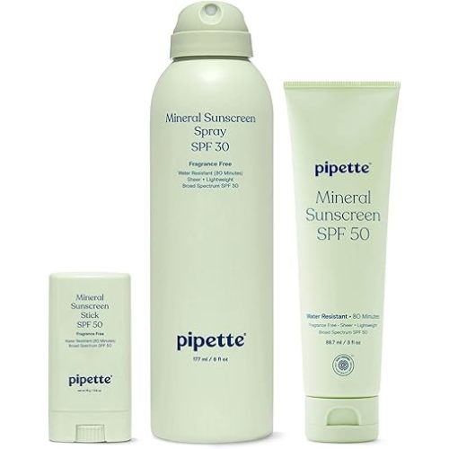 Pipette Baby Clean Mineral Sunscreen Trio, Includes Spray SPF 30 (6 Oz), Stick SPF 50 6 oz (0/6 oz), and Water-resistant Sun Lotion (3 oz), Zinc Oxide Mineral Sunscreen, UVB/UVA Sunblock for Kids