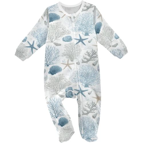 Baby One-Piece Footies Coral Starfish Shells Blue Infant Zip Front Romper Jumpsuit Pajamas For 0-24 Months