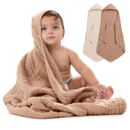 Comfy Cubs Hooded Baby Towels - 6 Layer, 100% Muslin Cotton - Large 32 x 32 Inch, Unisex, Cedar and Sand