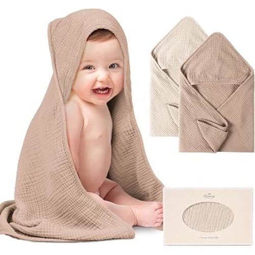Konssy 2-Pack 100% Muslin Cotton Hooded Baby Bath Towels for Boys and Girls