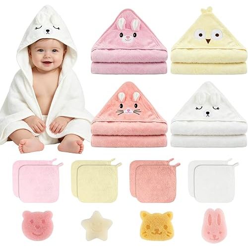 18 PCS Baby Bath Towels Set, 4 Hooded Baby Towels, 8 Baby Washcloths, 4 Sponges, Gift Card & Box – Soft Absorbent Baby Bath Towels for Newborn, Infants, Toddlers,Girls, Essentials Gifts