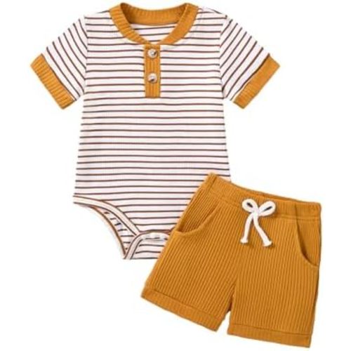 Baby Boy Clothes Short Sleeve Striped Romper Solid Short Set Ribbed Knitted Summer Outfit