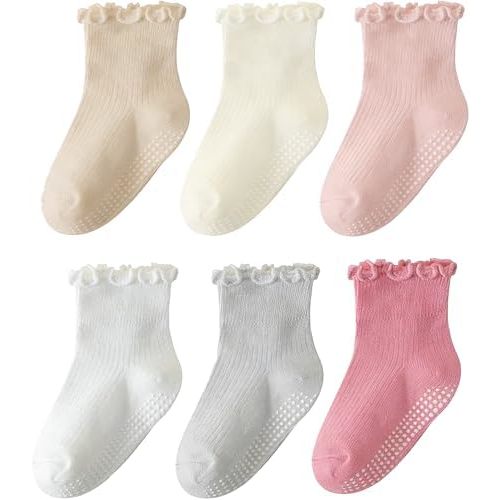 ANYANIME 6 Pairs Toddler Ruffle Socks for Girls Baby Grip Socks Non Slip Socks Cute Grippy Frilly