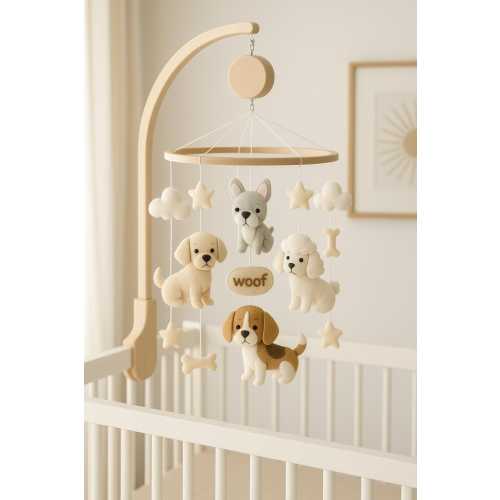 Dog Theme Baby Mobile–Felt Puppy Crib Mobile with Beagle, Poodle, and Clouds–Neutral Nursery Decor – Handmade Baby Shower Gift-Nursery Decor