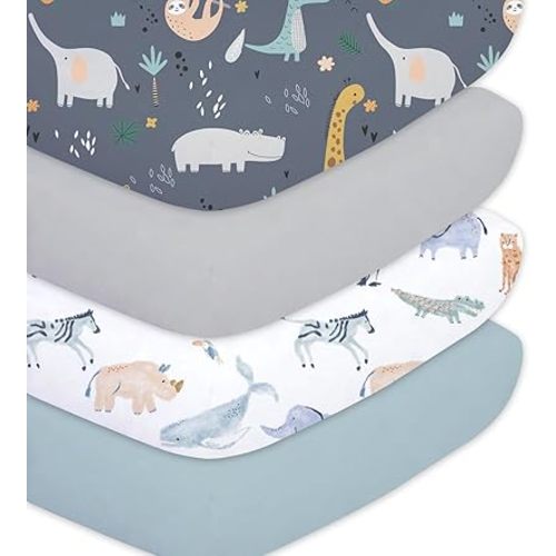 Plushii Crib Sheets for Boys Girls,Baby Crib Sheets Fitted 4PK for Standard Crib and Toddler Bed Mattress,52"x28"Soft Breathable Microfiber Crib Mattress Cover with Cute Patterns, Fauna