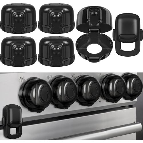 Stove Knob Safety Covers for Child (5 + 1 Pack), Upgraded Universal Size Press Gas Stove Knob Covers with Adhesive, Heat-Resistant Childproof Oven Locks for Kids and Pets (Black)