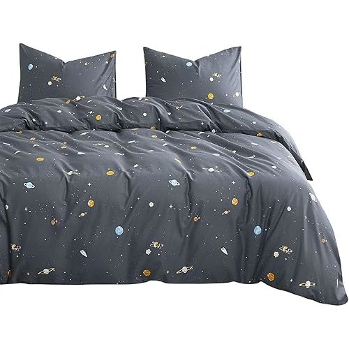 Wake In Cloud - Space Comforter Set, 100% Cotton Fabric, Constellation Cute Star Rocket Astronaut Themed for Teen Kids Boys, 3 Pieces Bedding Set, Gray, Full Size