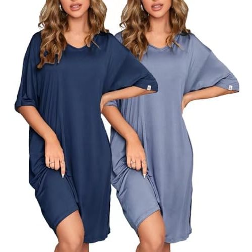 ft FENTENG 2-Pack Women's Nightgowns Short Sleeve Nightshirt V Neck Soft Sleepwear Casual Sleepshirts Loose Pajama Dress