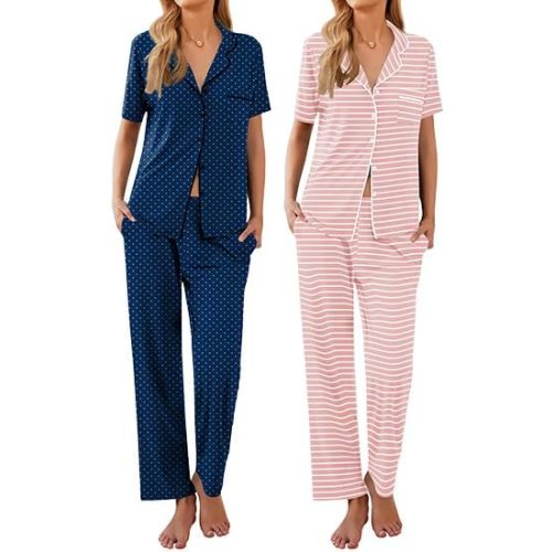Ekouaer 2 Pack：Womens Pajamas Short Sleeve Pjs Notch Collar Button Up Loungewear Cozy Sleepwear Sets