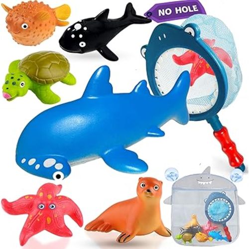 No Hole Mold Free Bath Toys for Kids Ages 1-3 Pool Toys for 12-18 Months Baby Shark Toys with Storage Bag Infant Toddler Bathtub Toy for Water Table, Beach, Shower, Tub, Fun Bath Time Gifts Boys Girls