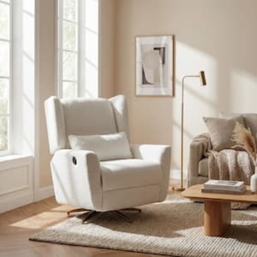 Beige Boucle Fabric Power 360° Swivel Gold 5 Star Base Glider Recliner Chair