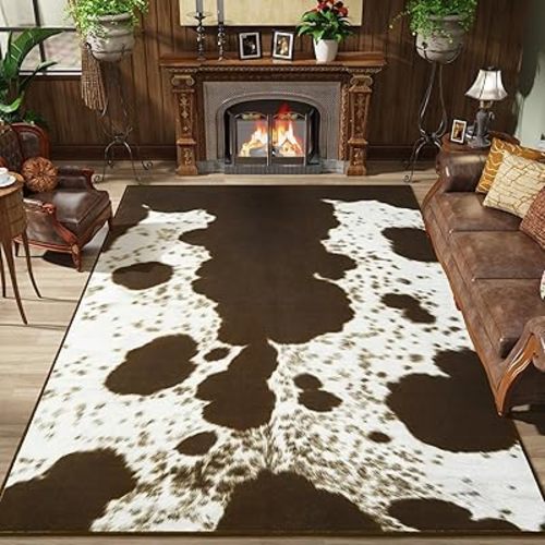 Amearea Faux Cowhide Rugs for Living Room, 4x6 Feet Machine Washable Cow Print Area Rug for Bedroom, Premium Western Home Decor Animal Print Non-Slip Throw Rug Carpet for Dining Room Kitchen Office