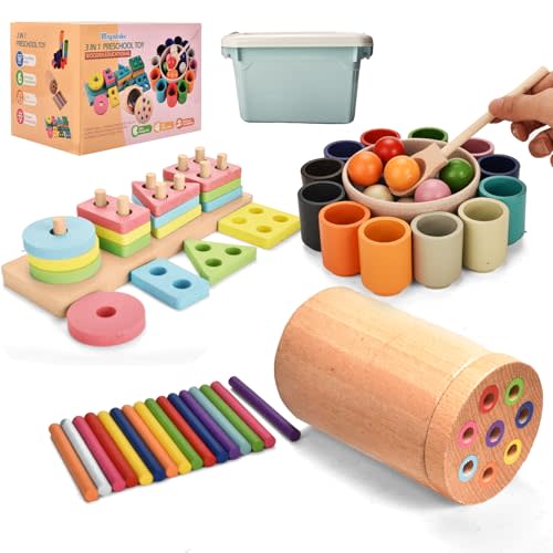 Montessori Toys 3 in 1 Wooden Learning Fine Motor Skills Toys Rainbow Color Sorting Toy for Toddlers - Preschool Color Matching, Educational Color Recognition ShapeSorter Boys Girls Gifts