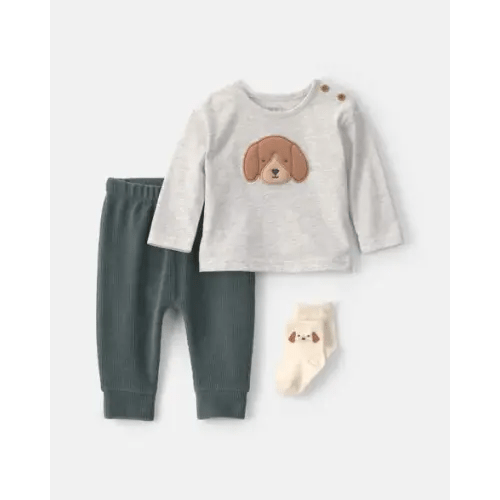 Baby Boy 3-Piece Dog Long-Sleeve Top & Pant Set - Green/Grey | Carter's