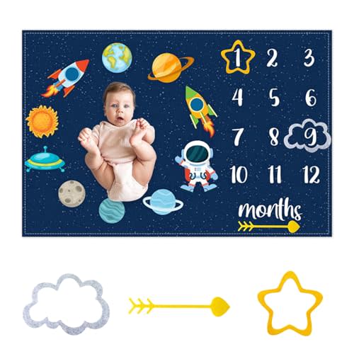 Space Baby Monthly Milestone Blanket Astronaut Star Decor Photography Background Newborn Growth Record Prop Blanket 60 "x40 with Frames