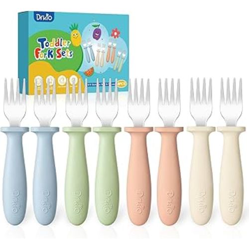 DRKIO 8 Pieces Toddler Forks Set - Baby Forks with Silicone Handle Children safe 18/8 Stainless Steel Toddler Utensils Set for Self Feeding Kids Silverware Anti-Choke Design Food Grade Dishwasher Safe