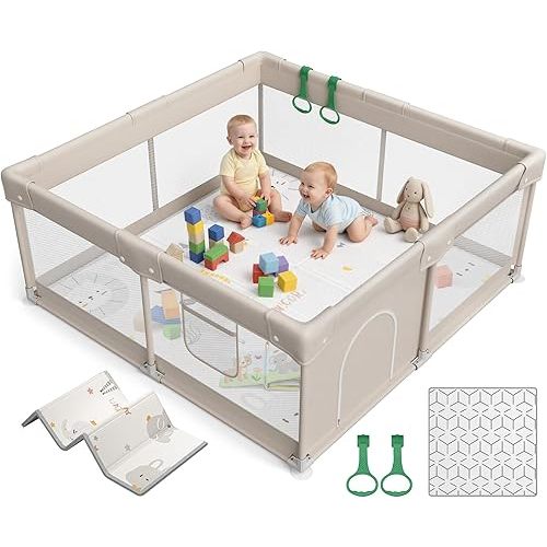 ZEEBABA Baby Playpen with Mat, Playpen for Babies and Toddlers, Small Baby Play Pens, Play Yard for Infants with Play Mat, 47x47inch Playard with Gate