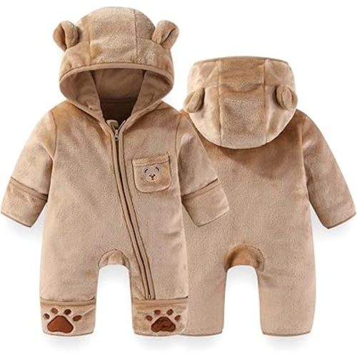 Fairy Baby Newborn Baby Bear Outfit With Fold-Over Mittens Footies Thin Fleece Romper Hooded Jumpsuit Winter Coat Girls Boys