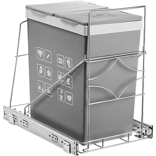 Youeon Pull Out Trash Can Under Cabinet, Adjustable Stainless Steel Under Sink Trash Can Pull Out, Slide Out Garbage Shelf, Fit for 7-11 Gallon Trash Can(Not Included)