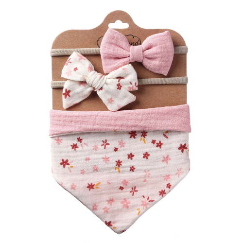 OAVQHLG3B Baby Girls Plaid Print Bibs Set Cute Linen Cotton Double Sided Saliva Headband Set 1 Bib Wipe 2 Bow Tiara