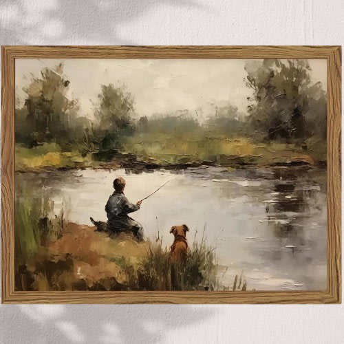 Boy Fishing Art Vintage Wallart, Rustic Country Landscape Painting, 10x8 Inch Wood Framed
