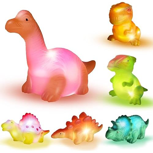 Light Up Bath Toys,6 Packs Floating Dinosaur Bathtub Toys for Toddlers,No Hole Baby Bath Toys for Kids,Great Birthday Christmas Easter for Boy and Girl Preschool
