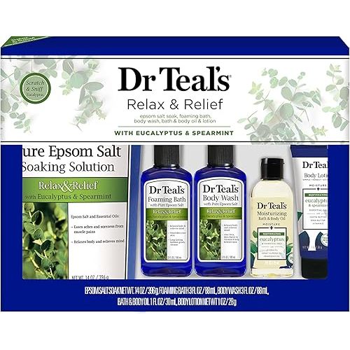 Dr Teal's Eucalyptus & Spearmint Relax & Relief Full Regimen 5-Piece Gift Set (Epsom Salt Soaking Solution, Foaming Bath, Body Wash, Moisturizing Bath & Body Oil, Body Lotion)