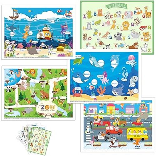 Disposable Placemats for Baby Toddlers, Plastic Sticky Table Mats Babies for Restaurants, Parties, Preschool& Dining Table– 5 Fun Designs Alphabet, Sea, Deep-Sea, Road, Zoo Animal,40 Pack 12x16 Inches