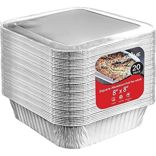 Stock Your Home 8x8 Foil Pans with Lids (20 Pack) 8 Inch Square Aluminum Pans with Covers -Disposable Food Containers Great for Baking Cake, Cooking, Heating, Storing, Prepping Food