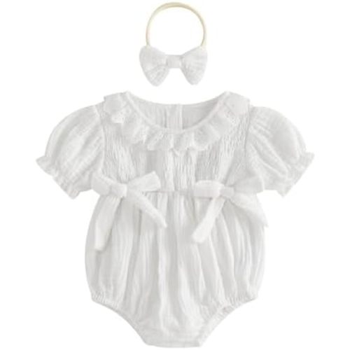 Twopumpkin Baby Girl Summer Clothes Muslin Bubble Romper Short Sleeve Ruffle Onesie Smocked Outfit 0 3 6 9 12 18 Month Cute