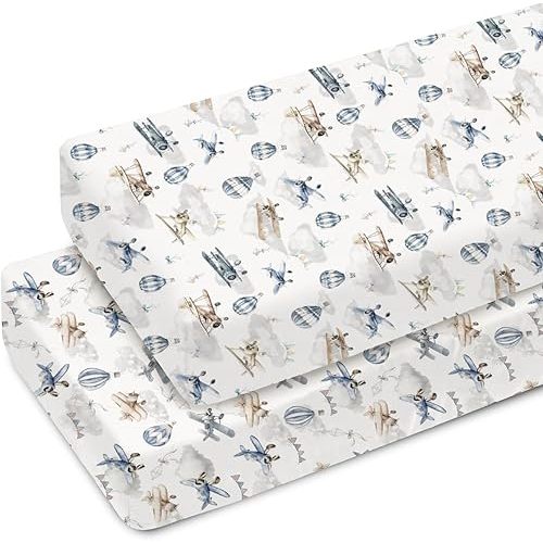 Vintage Planes Airplanes Helicopters Baby Crib Sheets for Boy Girl 52"x28" Hot Air Balloon Plane Clouds Sky Soft Snug Fitted Crib Mattress Cover Baby Sheet for Standard Crib & Toddler Mattress 2 Pack