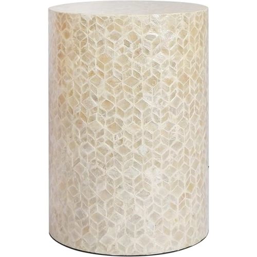 PEMAR Capiz Shell Cylinder Drum End Table Nacre Side Table Stool Round Drum Accent Coffee Bedside Nightstand and Vanity Stool (White Cream)