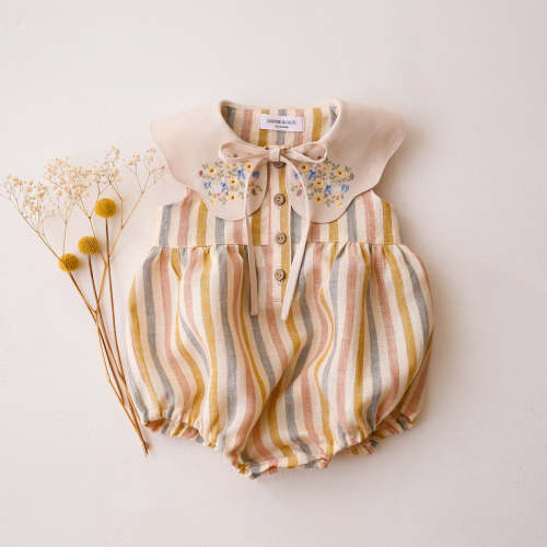 Rainbow Linen Bubble Playsuit with Petal Collar in Ivory Linen with "G – Dannie and Lilou