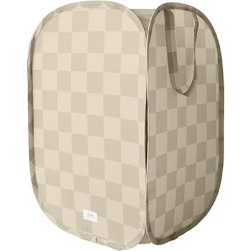 3 Sprouts Pop Up Hamper - Collapsible Laundry Basket, Popup & Foldable Design - Durable Waterproof Fabric for Dirty Clothes, Toys & Towels - Ideal for Dorms, Bedrooms & Baby Nurseries- Checkered Beige