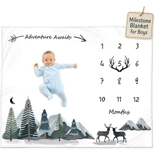 Milestone Blanket for Baby Boy – Monthly Baby Blanket, Growth Tracker for Newborn, Woodland Nursery Decor, Mountain Adventure Theme, Includes Felt Frame, 50x40 Inches