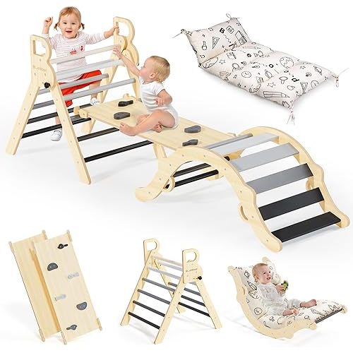 BlueWood Pikler Triangle Set with Cushion, 8-in-1 Climbing Toys for Toddlers, Montessori Philosophy Play Jungle Gym with Arch, Ramp, Ladder(Elegant Gray)