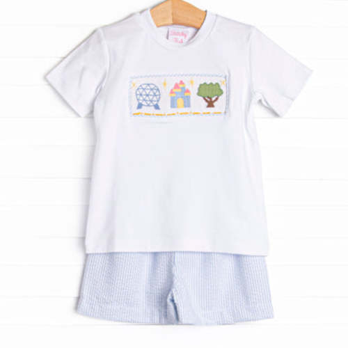 Amusement Park Adventures Smocked Short Set, Blue Seersucker – Stitchy Fish