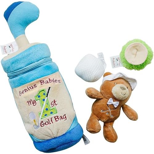 Genius Baby Toys - 9" The Original Baby Golf Bag with Teddy Bear, Blue Plush, Embroidered with 'My 1st Golf Bag', Lightweight, Perfect Size Golf Toy for Small Hands, Unique