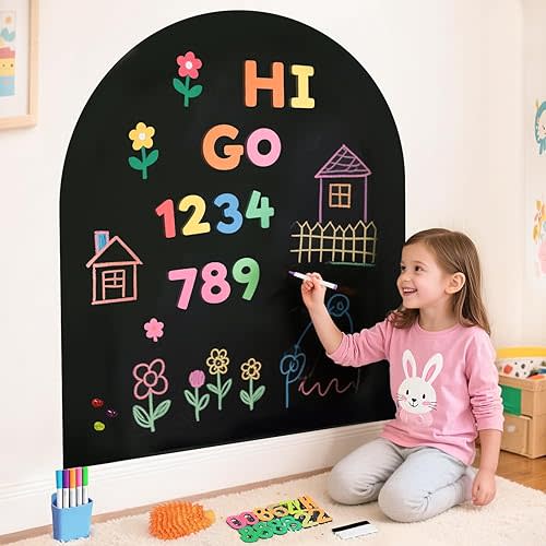 Magnetic Wall Decal for Kids 40x32 Inches Black Magnetic Wall Decal Arch Chalkboard with Colorful Liquid Chalks Multiple Accessories for Home Playroom