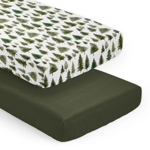 Sweet Jojo Designs Gender Neutral Unisex Fitted Crib Sheets Set Woodland Pine Tree Green and White 2pc