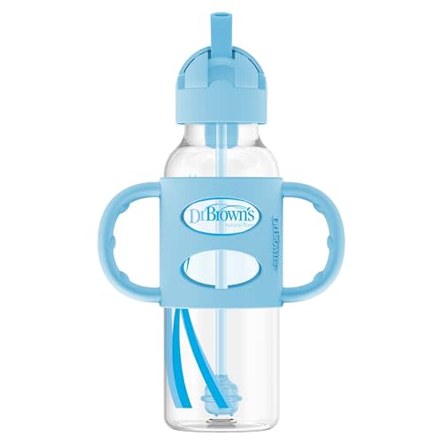 Dr. Brown's Narrow Sippy Straw Bottle with Handles, Blue, 1-Pack