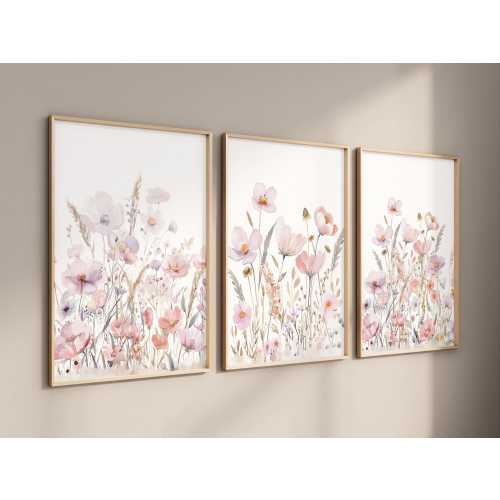 Boho Floral Wall Art Set of 3 | Vintage Blush Pink Watercolor Flower Prints | Neutral Baby Girl Nursery Decor