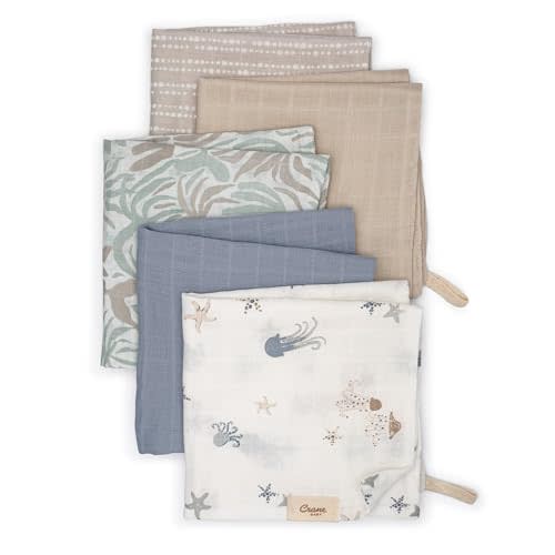 Crane Baby Wash Cloth Set, 100% Cotton, Set of 5 Baby Washcloths, Sea Life Starfish Theme, Newborn Muslin Baby Washcloths, Baby Registry Gift