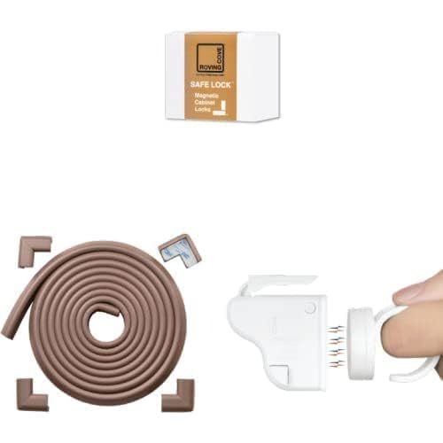 Fireplace Bumper: 15+4 Edge Corner Set + 12 Locks - Bundle & Save - Roving Cove Edge Corner Guards (15ft Edge 4 Corners, Coffee Brown) + Roving Cove Magnetic Cabinet and Drawer Locks (12 Locks 2 Keys)