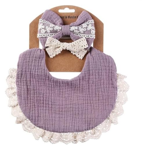 Baby Bibs Drool Teething Bibs Headband Set Muslin Drool Cloths Bibs 4-Layer Organic Cotton Lace Waterproof for Girls, Type 8