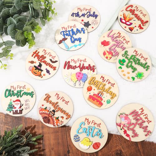 FYSUIMU 12Pcs My First Holiday Baby Milestone Cards Double-deck Wooden Discs Announcement Sign Newborn Photography Prop for Pregnancy Baby Shower Party Favors