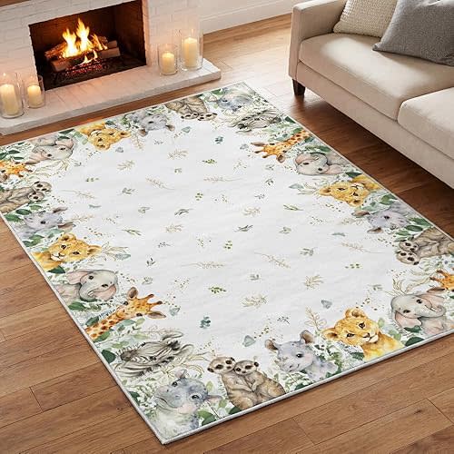 Artoid Mode Animals Elephant Giraffe Baby Shower Area Rug, Spring Birthday Home Decor Low-Profile Washable Area Rugs for Entryway Bedroom Living Room Laundry Room Indoor 5x7 Feet