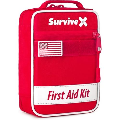 SurviveX Small First Aid Kit for Car, Travel & Home - Emergency Kit for Hiking, Camping, Backpacking and Outdoors - Includes Zip Stitch Wound Closure Strips