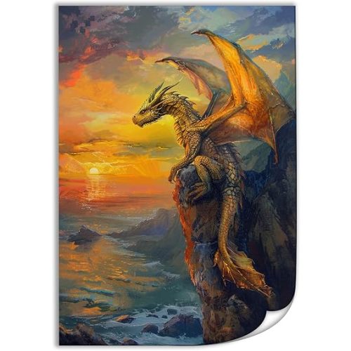 QEOPGNE Sunset Ocean Fantasy Golden Dragon Poster Anime Dragon Canvas Wall Art Prints for Room Aesthetic Bedroom Living Room Pictures Paintings Wall Decor Unframed 12x18inch(30x45cm)